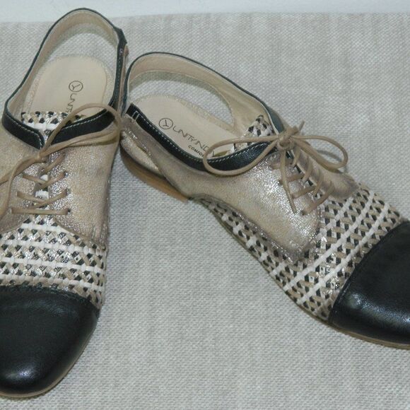 Unity In Diversity Oxford Black Gold Metallic Open Back Flats  Size 39  U.S. 8.5 - Picture 2 of 13